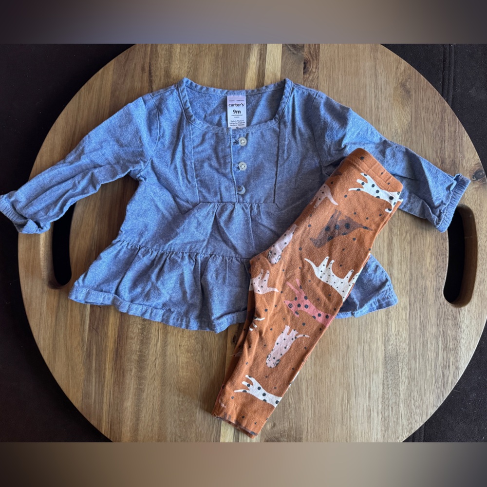 Carters Denim Blue Linen Blouse Puppy Pants Baby Outfit
